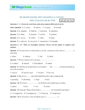 Đề thi thử Đại học môn Tiếng Anh Khối D, A1 năm 2014 - Mã đề số 334 - Trường THPT Lê Quảng Chí